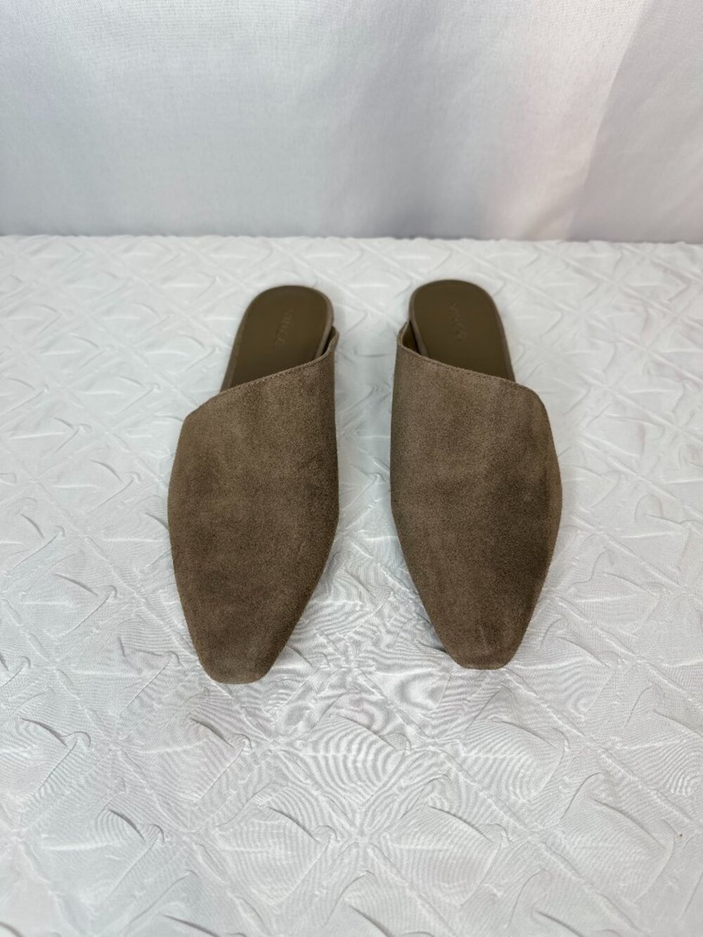 Vince Gena Suede Asymmetric Taupe Flat Mules, Size 8.5 Elevated Minimalist Sleek